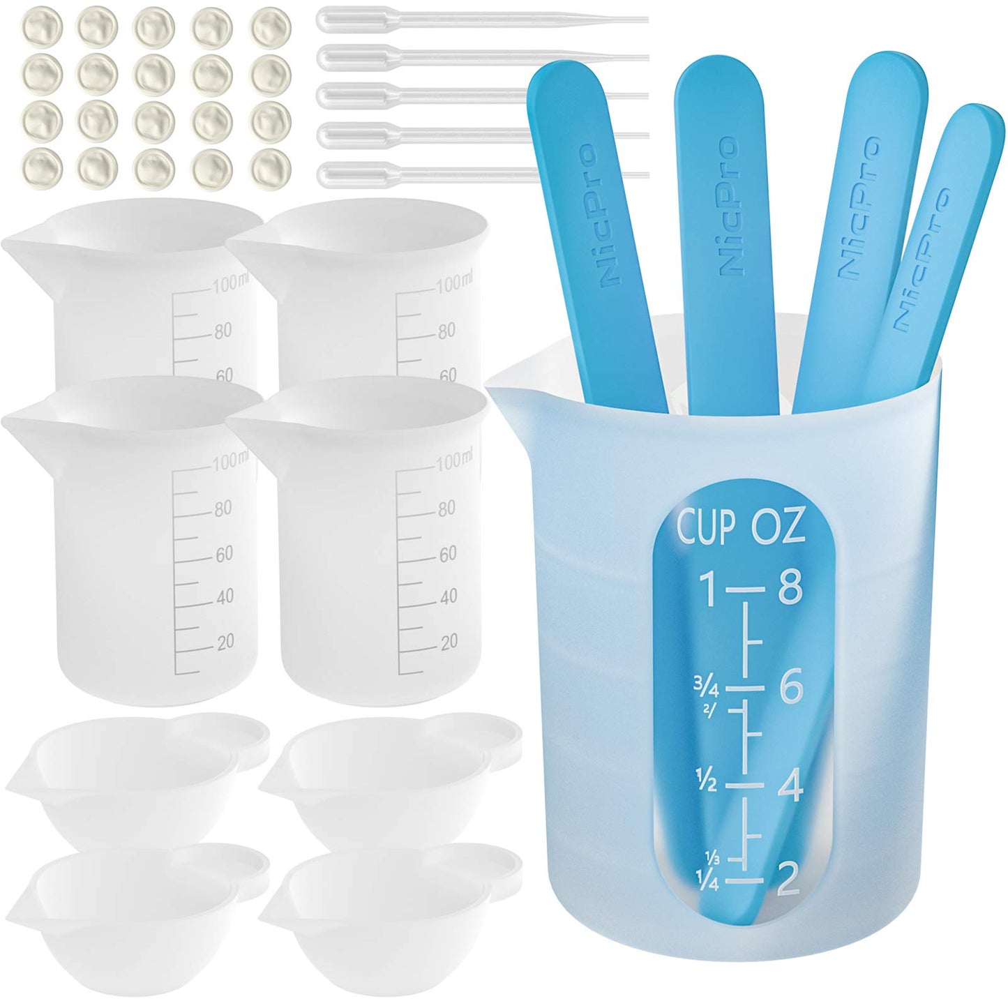 Silicone Resin Measuring Cups Tool Kit- Nicpro 250 & 100 ml Measure Cups, Silicone Popsicle Stir Sticks, Pipettes, Finger Cots for Epoxy Resin Mixing, Molds, Jewelry Making, Waxing, Easy Clean