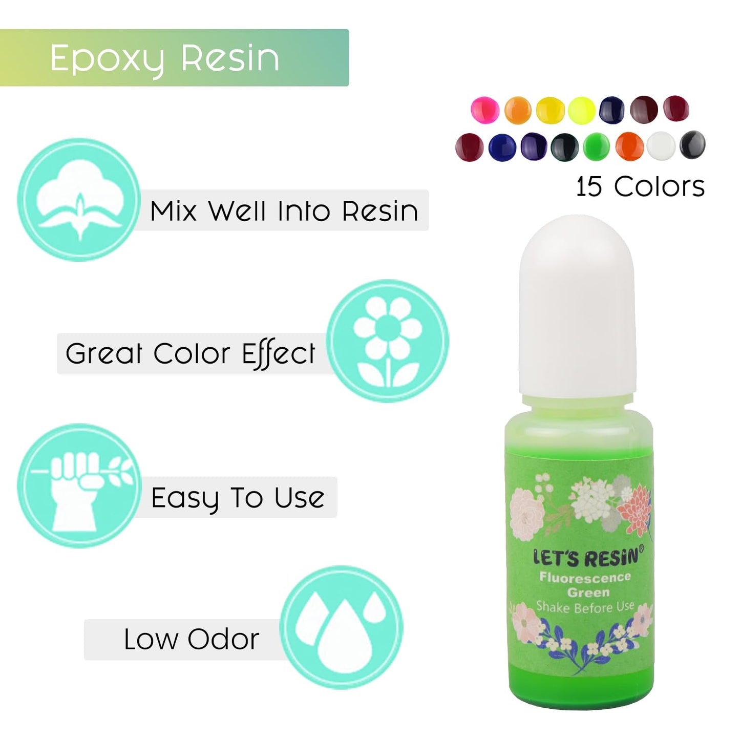 LET'S RESIN Epoxy Resin Dye,15 Color Translucent Epoxy Resin Pigment,Odorless Concentrated Epoxy Resin Paint Each 0.35oz,Liquid Resin Colorant for Resin Coloring,Epoxy Resin,Resin Molds