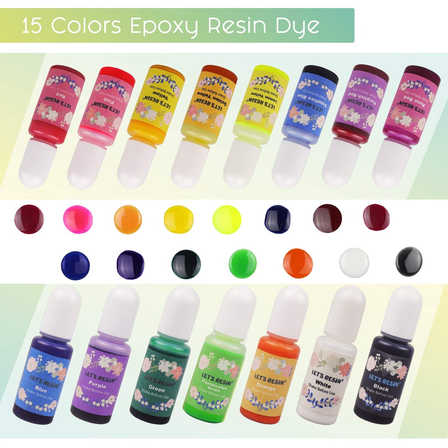 LET'S RESIN Epoxy Resin Dye,15 Color Translucent Epoxy Resin Pigment,Odorless Concentrated Epoxy Resin Paint Each 0.35oz,Liquid Resin Colorant for Resin Coloring,Epoxy Resin,Resin Molds