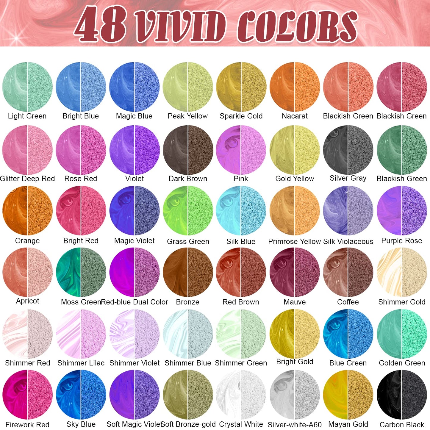 CHANGTIKEJI Mica Powder,48 Colors - 10g/Bottle of Natural Pigment Powder for Epoxy Resin,Soap Making,Candle Making,Lip Gloss,Car Freshies,Dye,Nail Polish,Bath Bombs