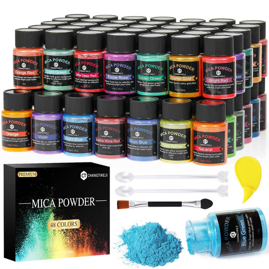 CHANGTIKEJI Mica Powder，48 Colors - 10g/Bottle of Natural Pigment Powder for Epoxy Resin，Soap Making，Candle Making,Lip Gloss,Car Freshies,Dye,Nail Polish,Bath Bombs
